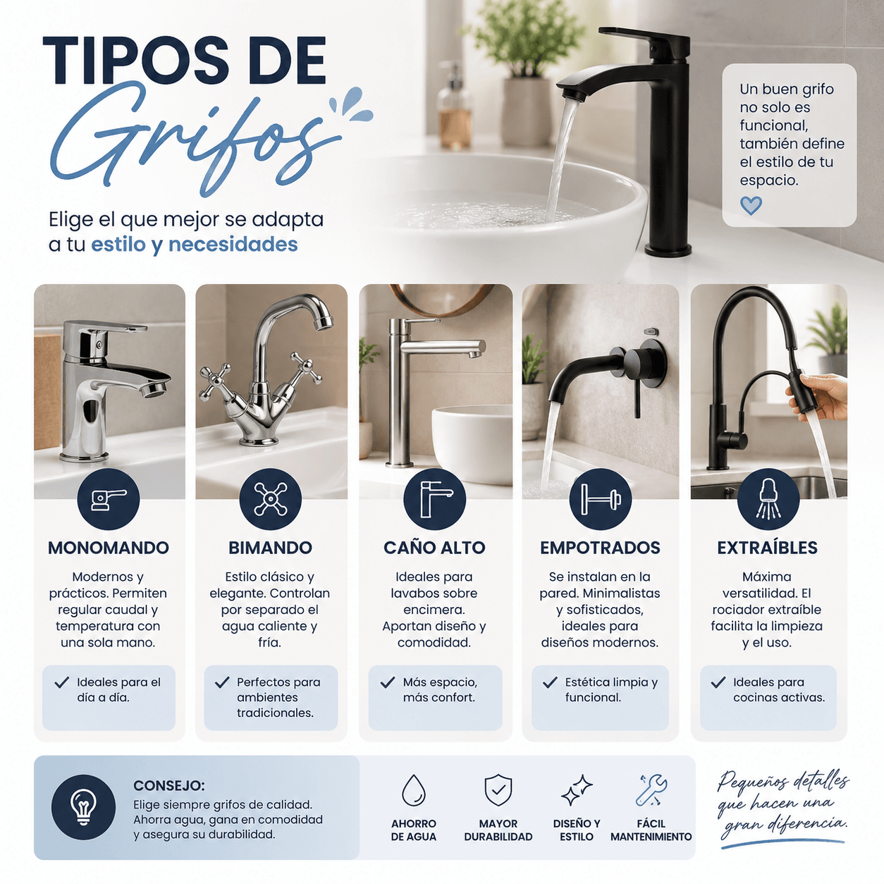 Tipos de grifos: monomando, bimando, termostático y electrónico